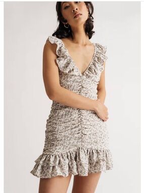 American Threads Ruffle Ruched Mini Dress with Blue/Green Floral Print